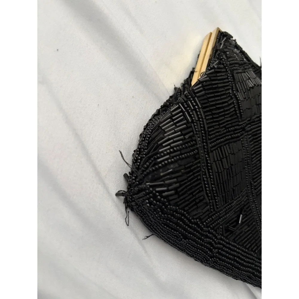 Vintage Marshall‎ Fields Black Beaded Clutch Hand Made Evening Bag Gold Chain
